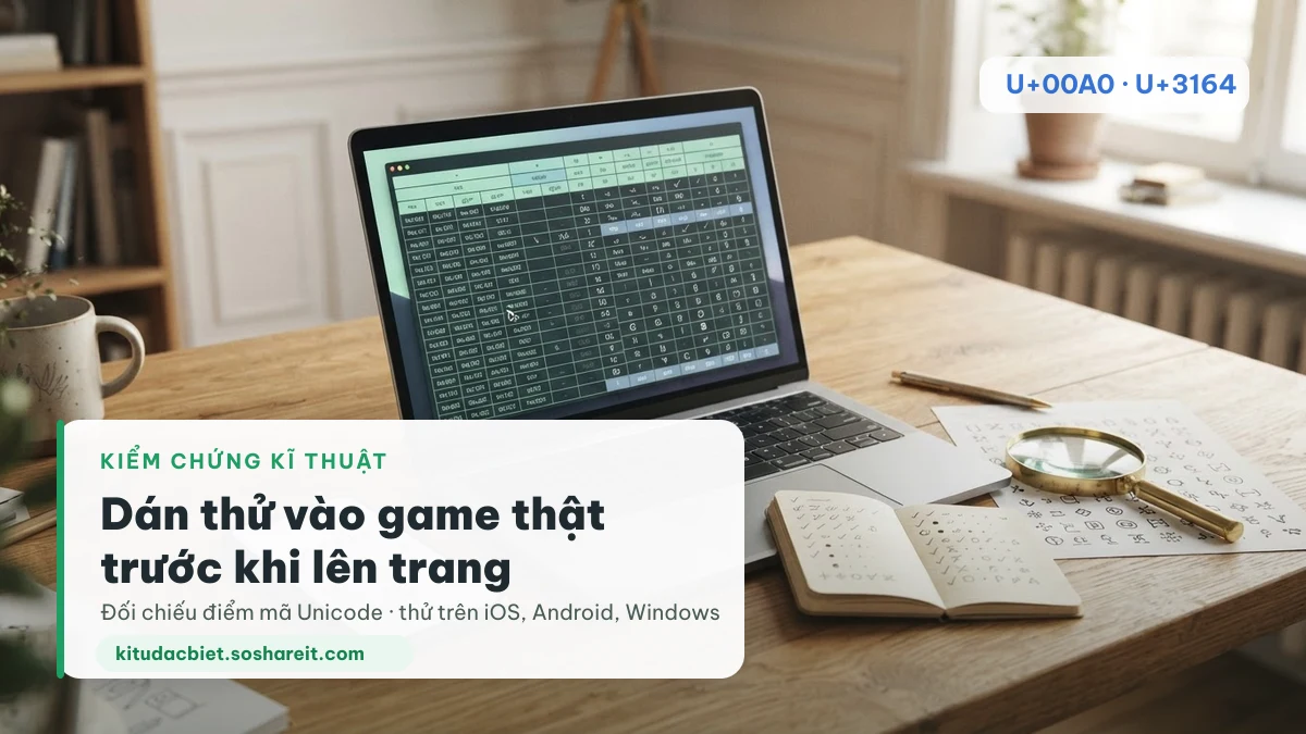 Bàn làm việc kiểm chứng kí tự đặc biệt: bảng mã Unicode trên laptop, kính lúp soi bảng kí tự và điện thoại thử ô đổi tên game