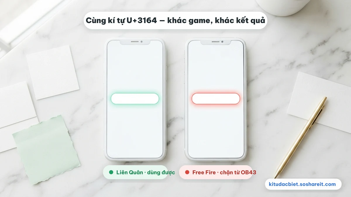 Hai điện thoại đặt cạnh nhau: ô đổi tên viền xanh cho Liên Quân chấp nhận U+3164, ô viền đỏ cho Free Fire từ chối U+3164 từ bản OB43