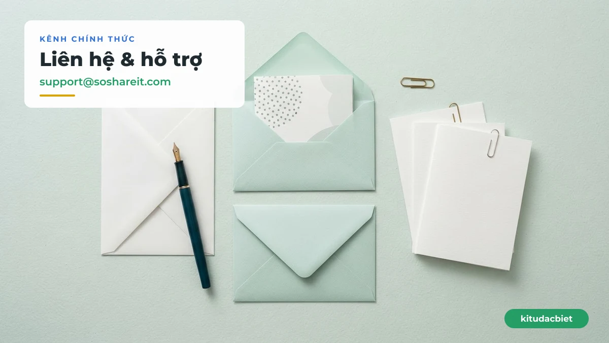 Kênh liên hệ chính thức của kitudacbiet SoShareIT Kênh liên hệ email support@soshareit.com của kitudacbiet