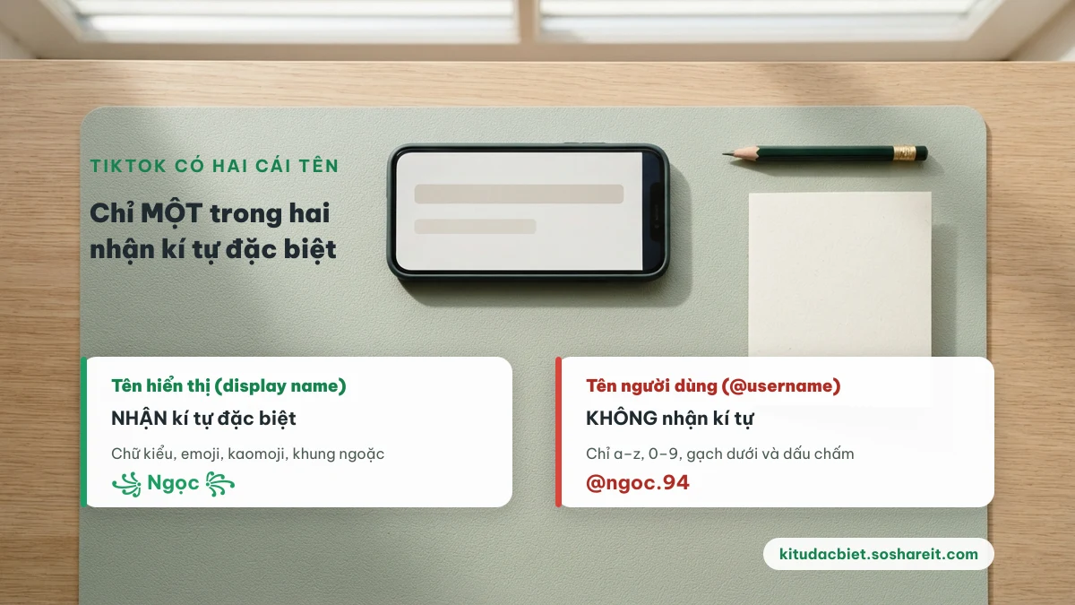 So sánh hai ô tên TikTok: tên hiển thị nhận kí tự đặc biệt, tên người dùng @username chỉ nhận chữ cái, chữ số, gạch dưới và dấu chấm