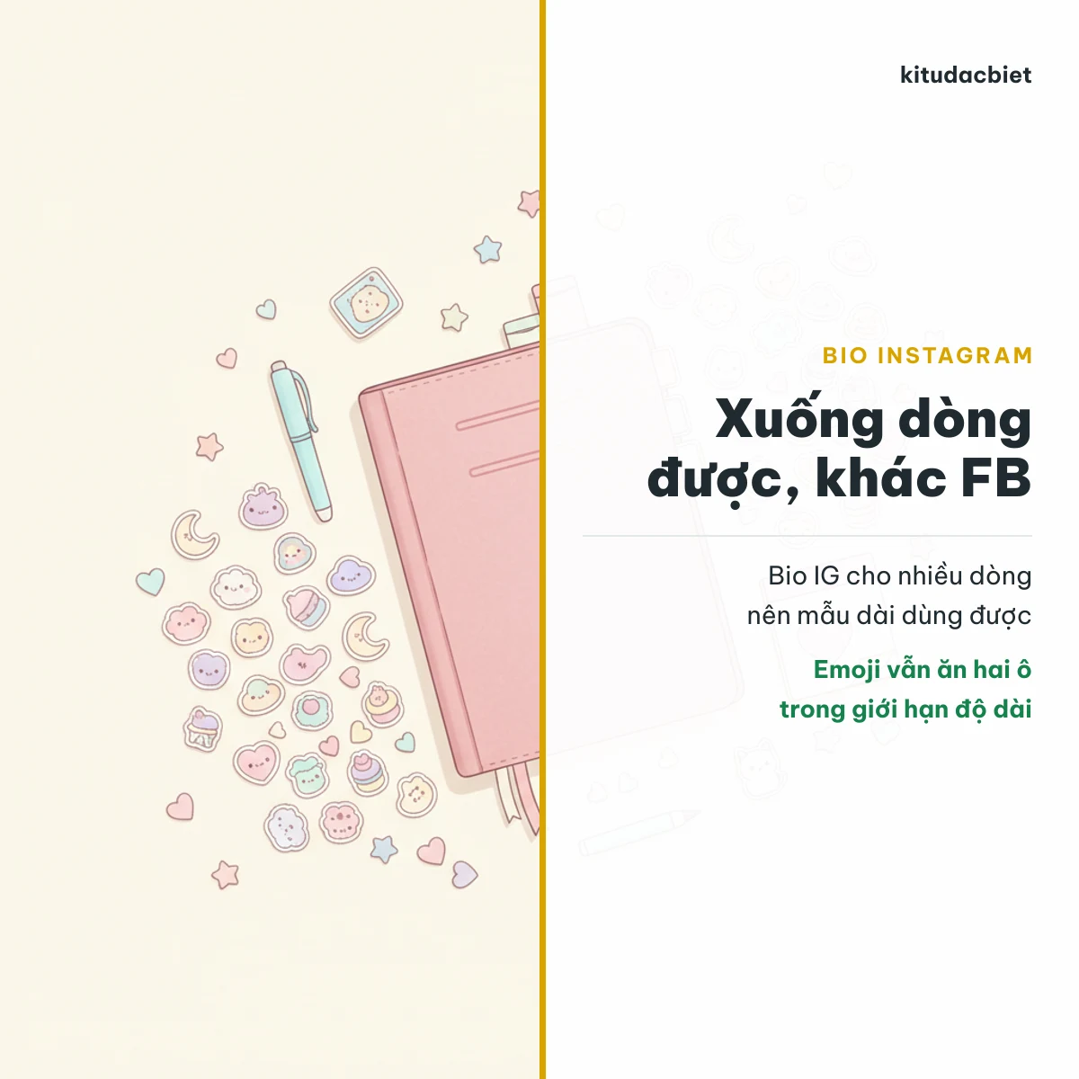 Bio Instagram xuống dòng được nên mẫu nhiều dòng dùng được, khác ô tiểu sử Facebook
