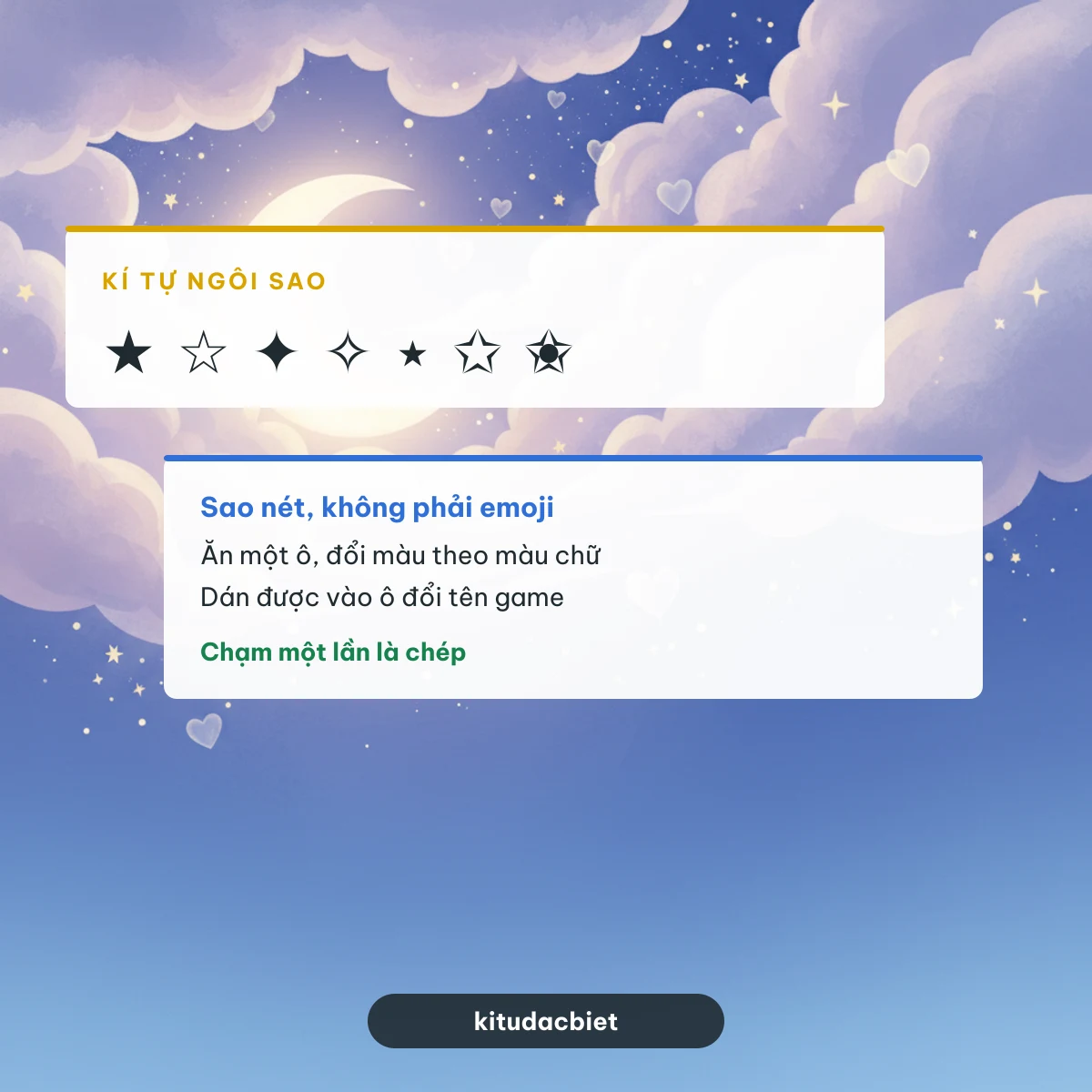 Kí tự ngôi sao ★ ☆ ✦ — chép 1 chạm Kí tự ngôi sao ★ ☆ ✦ ✧ ⋆ chép một chạm, sao nét ăn một ô
